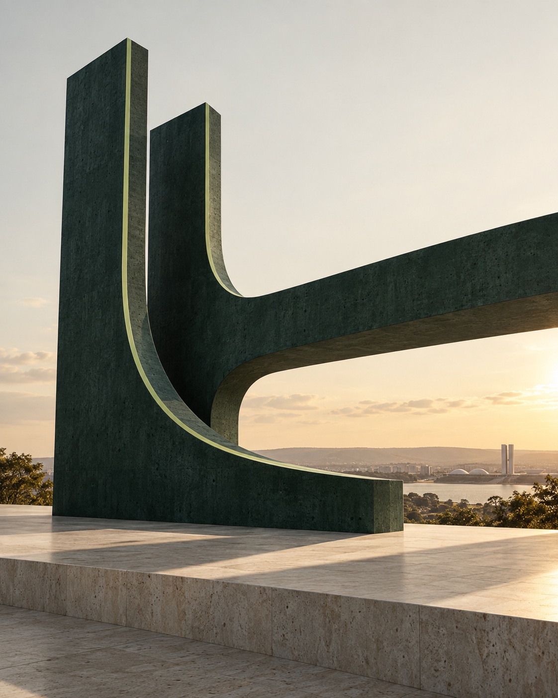 Escultura de curvas modernistas em verde, inspirada na arquitetura de Brasília